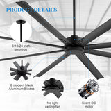 96-inch large black ceiling fan with 8 aluminum blades, silent DC motor and 6, 12 or 24-inch downrod options