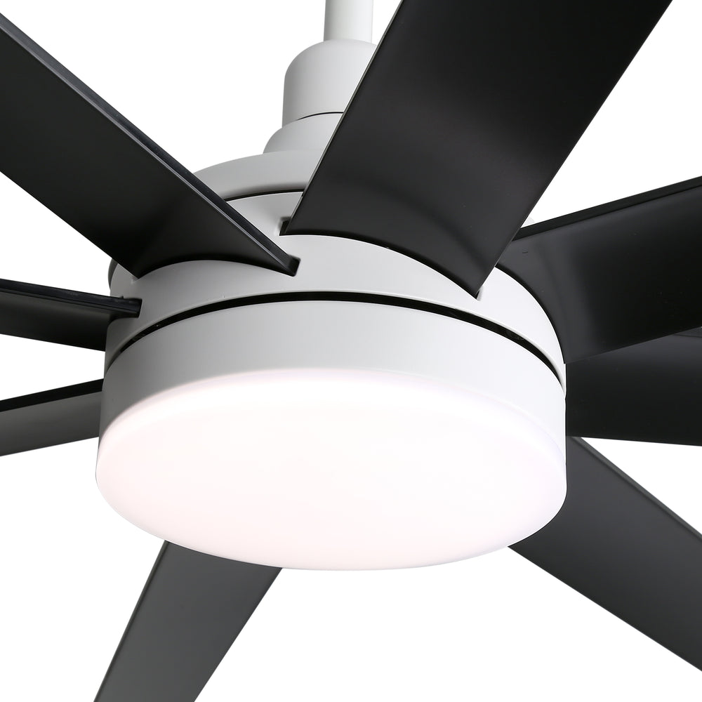 AeroSpan Lux 65-inch black and white 8-blade ceiling fan with blade design and light