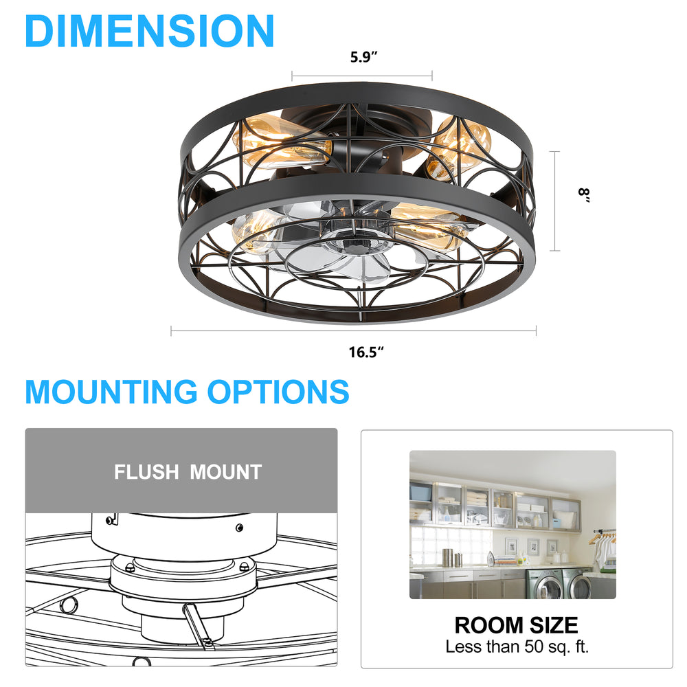 Ravora 16.5-Inch Small Caged Ceiling Fan With Light & Remote