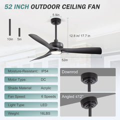 52-in 3-Blade Waterproof Outdoor Ceiling Fan with LED Light Remote,5" and 10" Downrod Included