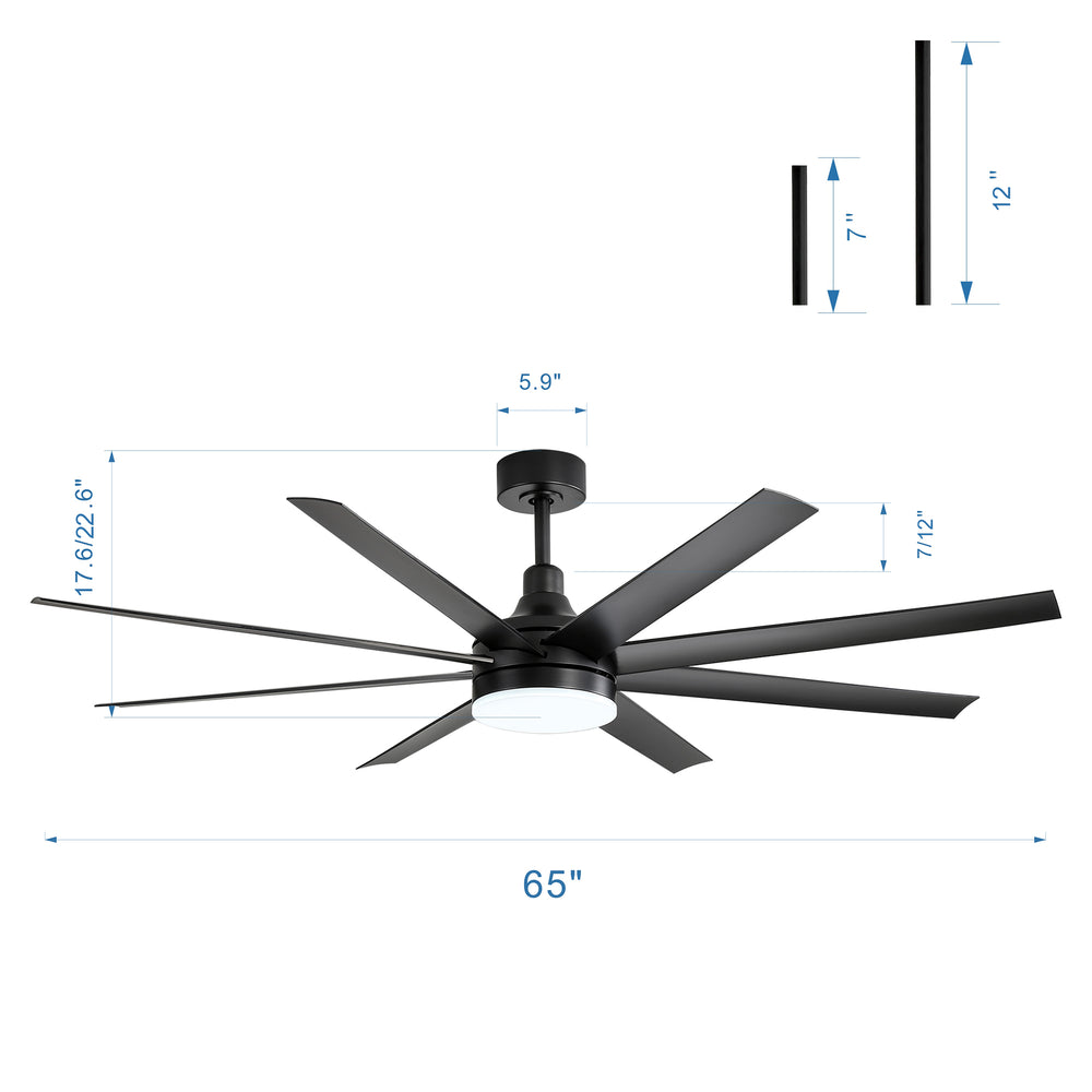 AeroSpan Lux 65-inch black 8-blade ceiling fan with 65-inch diameter, 12-inch downrod and installation dimensions
