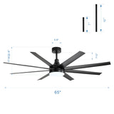 AeroSpan Lux 65-inch black 8-blade ceiling fan with 65-inch diameter, 12-inch downrod and installation dimensions