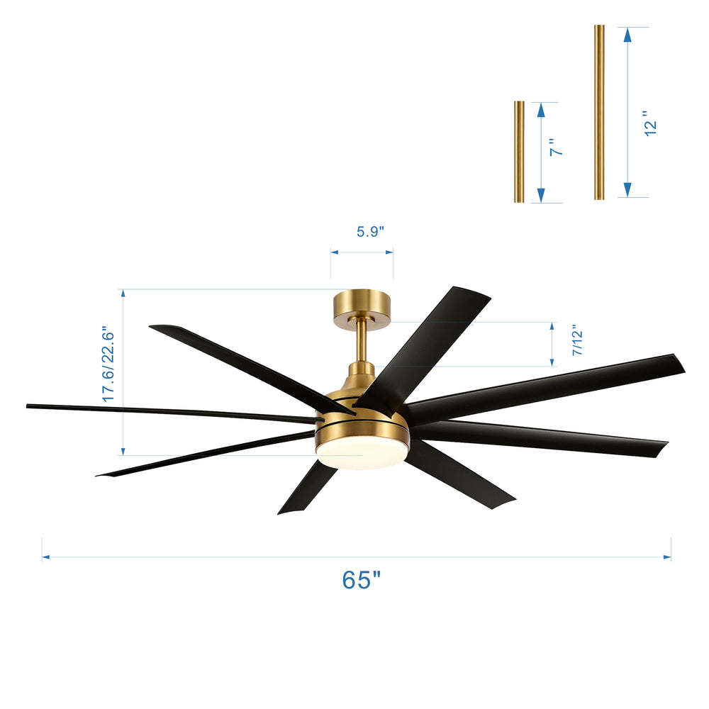 AeroSpan Lux 65-inch gold and black 8-blade ceiling fan dimensions