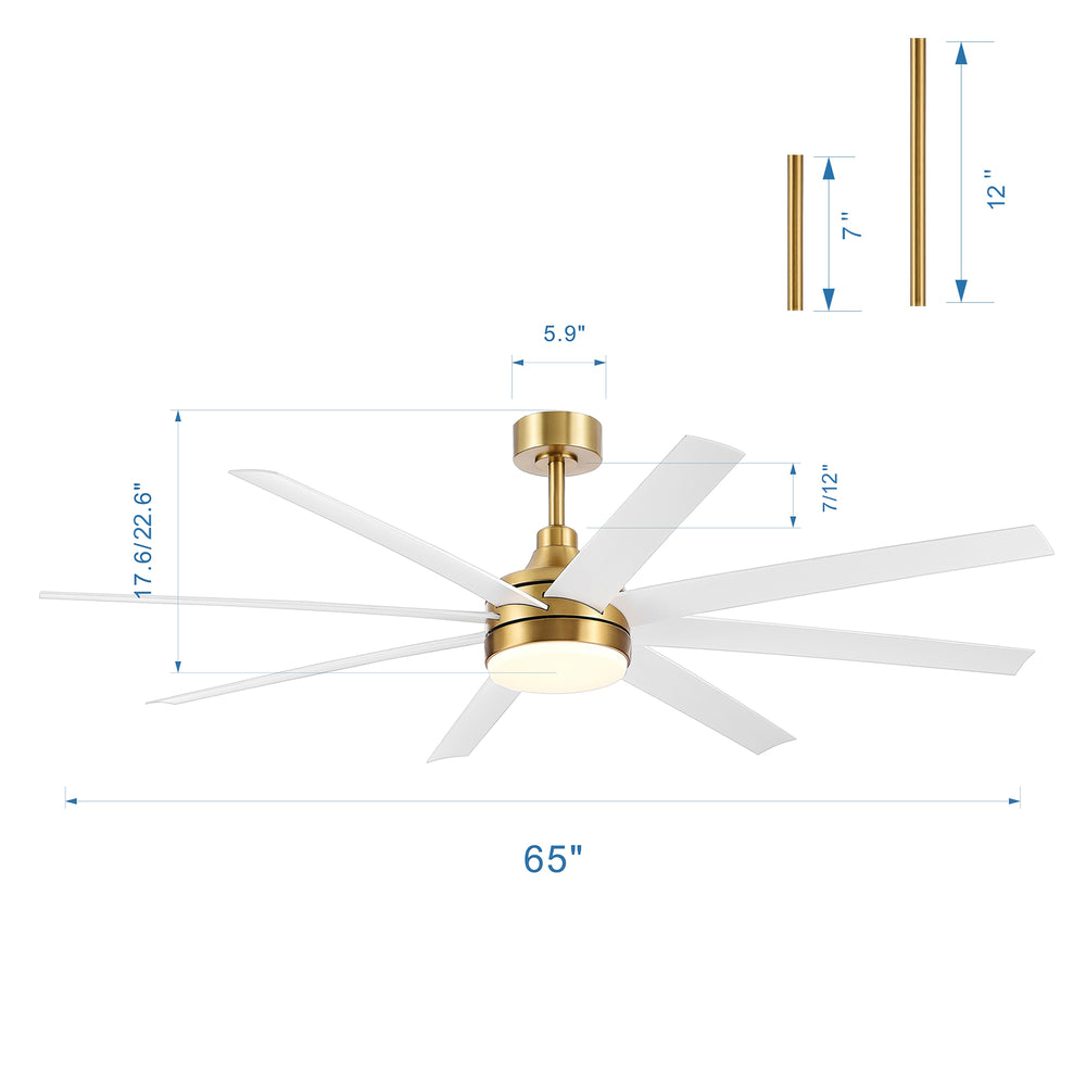 AeroSpan Lux 65-inch gold and white 8-blade ceiling fan dimensions