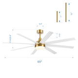 AeroSpan Lux 65-inch gold and white 8-blade ceiling fan dimensions
