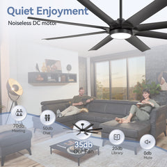 72-in 8-Blade Integrated LED Ceiling Fan with Light and Remot,6“ and 12” Downrods Included