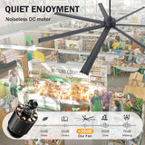 Black ceiling fan with noiseless DC motor feature in a supermarket setting