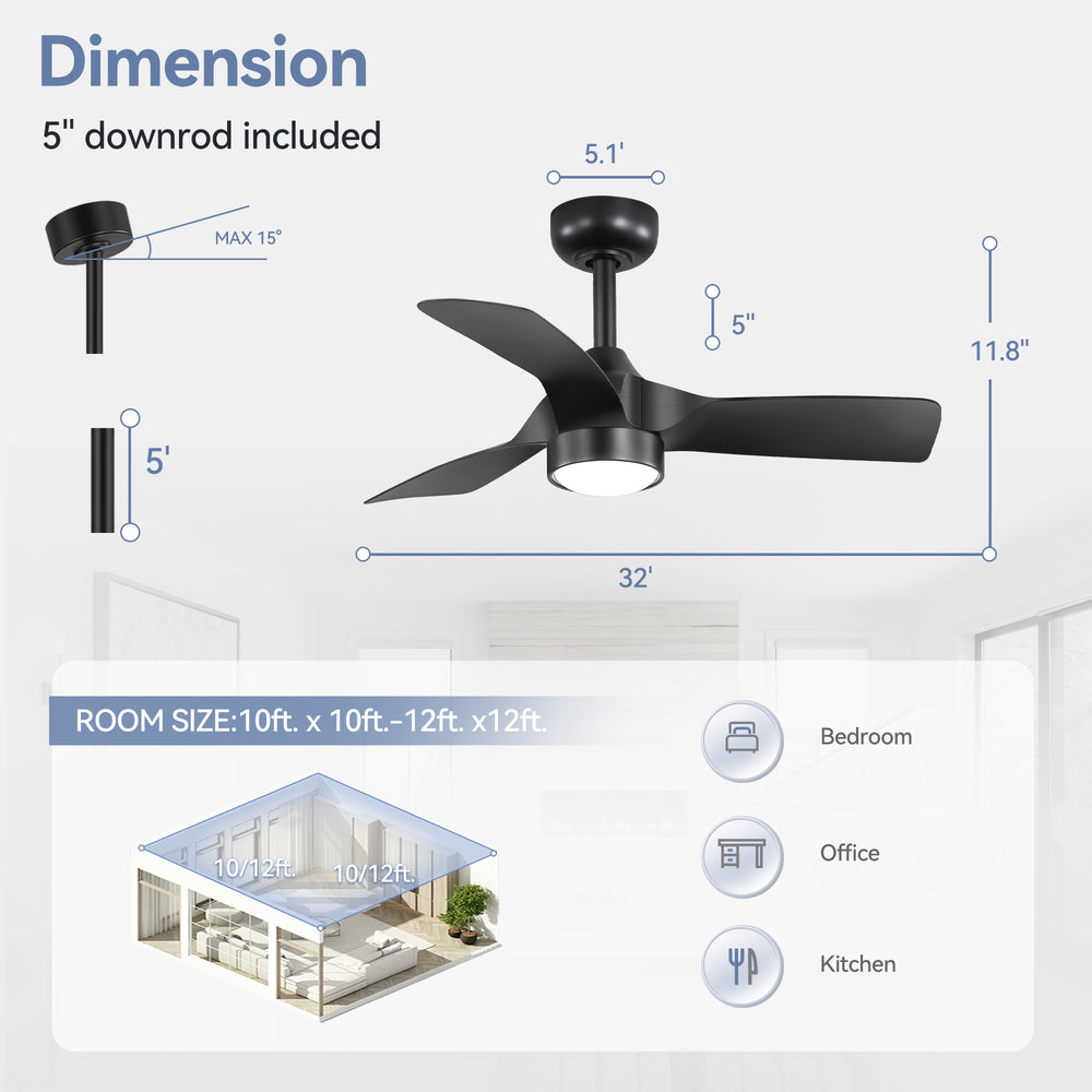 32-inch LED Ceiling Fan with Light Kit and Remote(3-Blade)