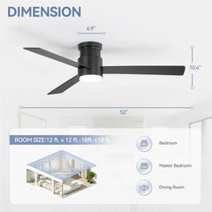 52in Flush Mount Ceiling Fan with LED Light and Remote(3-Blade)