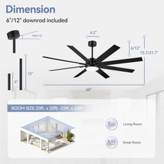 68-inch 8-Blade Integrated LED Ceiling Fan with Light Remote, 6“and 12” Downrods Included