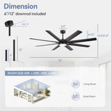 Rowora 72-inch black 8-blade ceiling fan with light, 6-inch and 12-inch downrods, designed for 20 x 20 ft to 25 x 25 ft rooms.
