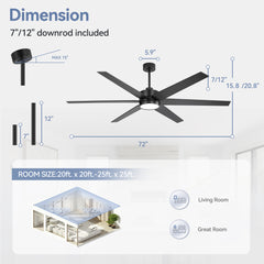 72-in 6-Blade Integrated LED Ceiling Fan with Light Remote,7" and 12" Downrod Included