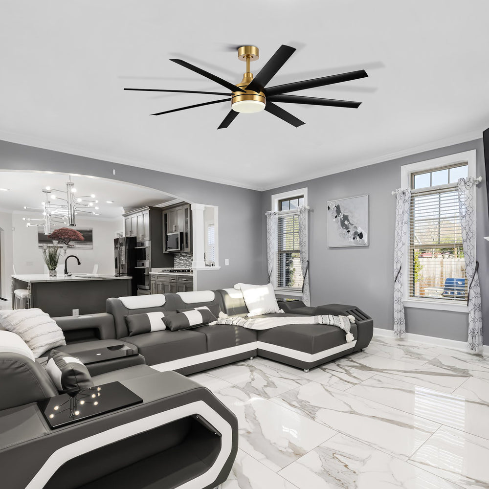AeroSpan Lux 65-inch gold and black 8-blade ceiling fan in a modern living room