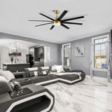 AeroSpan Lux 65-inch gold and black 8-blade ceiling fan in a modern living room