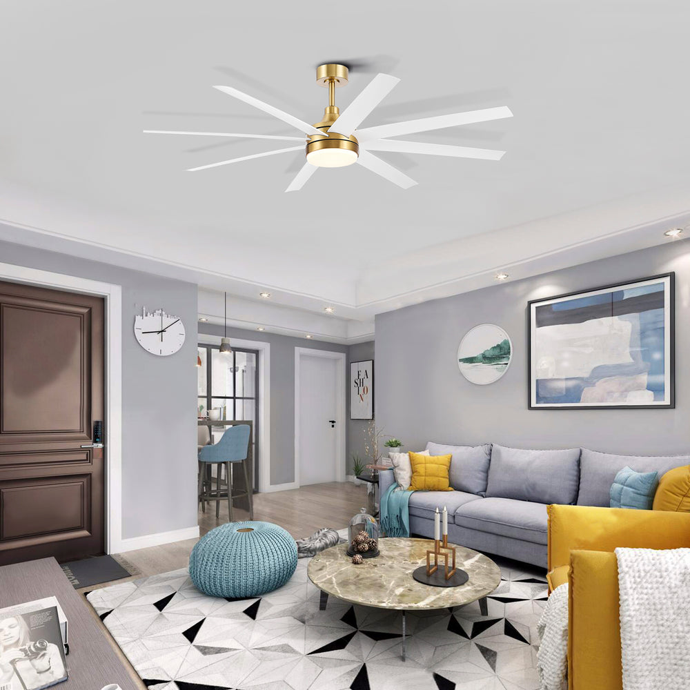 AeroSpan Lux 65-inch gold and white 8-blade ceiling fan in a modern living room