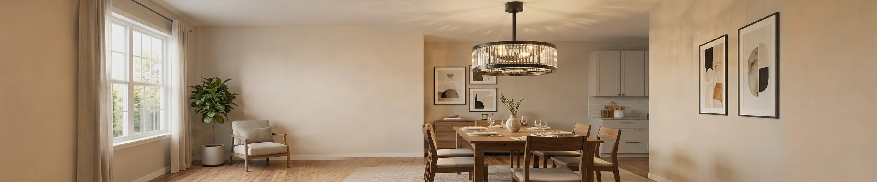 Elegant dining room with a crystal style ceiling fan and warm contemporary decor