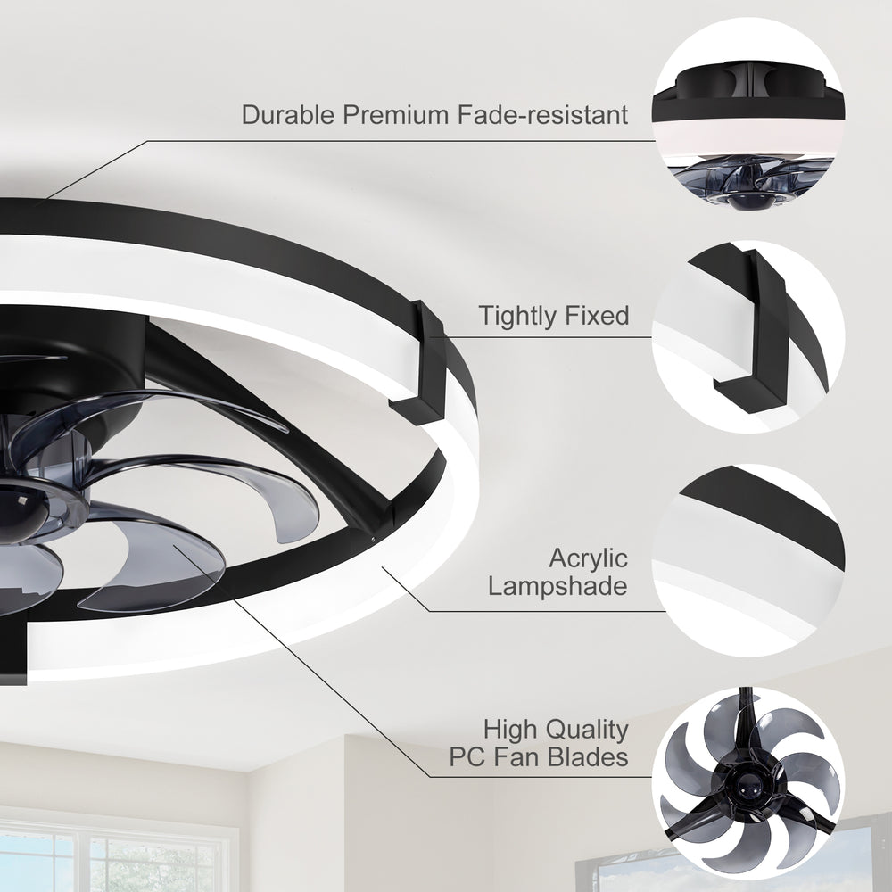 20 Inch Modern Flush Mount Ceiling Fan with Lights, Remote Control Low Profile Ceiling Fan for Bedroom, Quiet Reversible DC Motor, Dimmable LED
