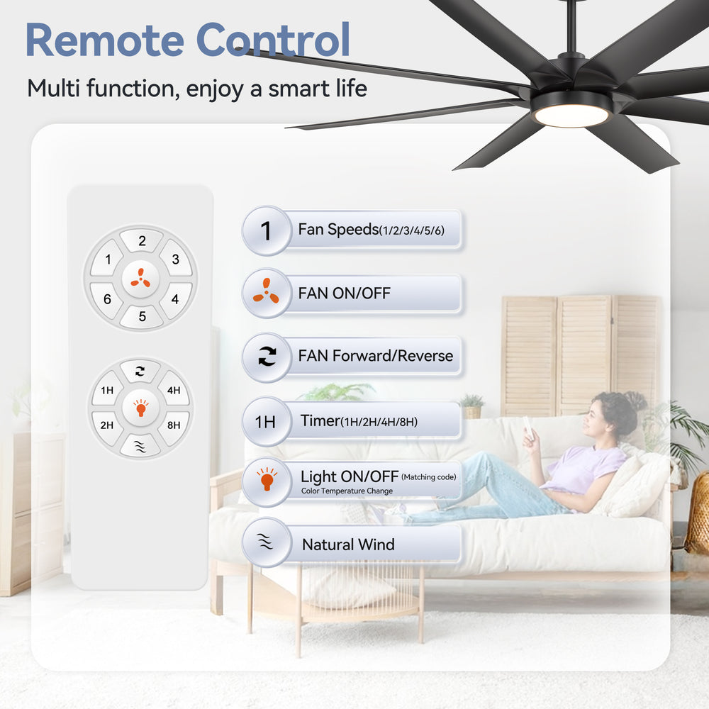 Breezary 72" 8-Blade Silent DC Motor Industrial Ceiling Fan with Integrated LED Light - Black