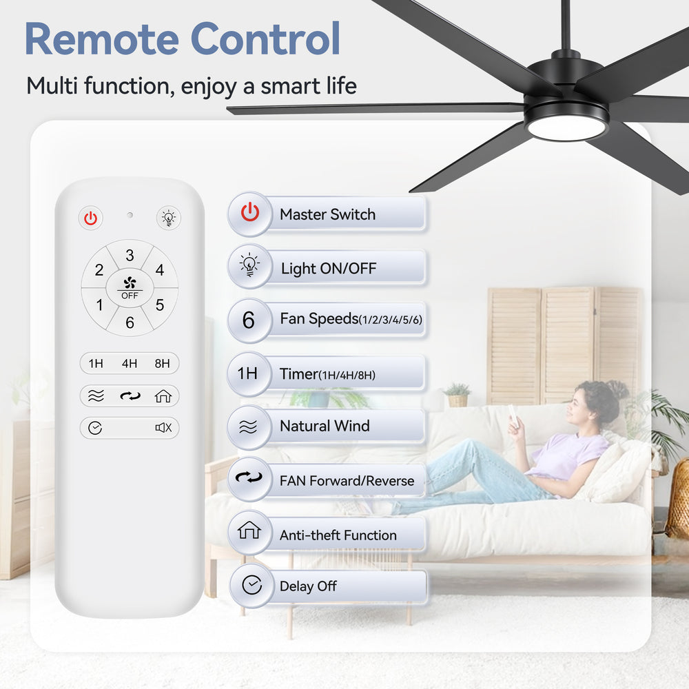 72-in 6-Blade  Integrated LED Ceiling Fan with Light Remote,7" and 12" Downrod Included