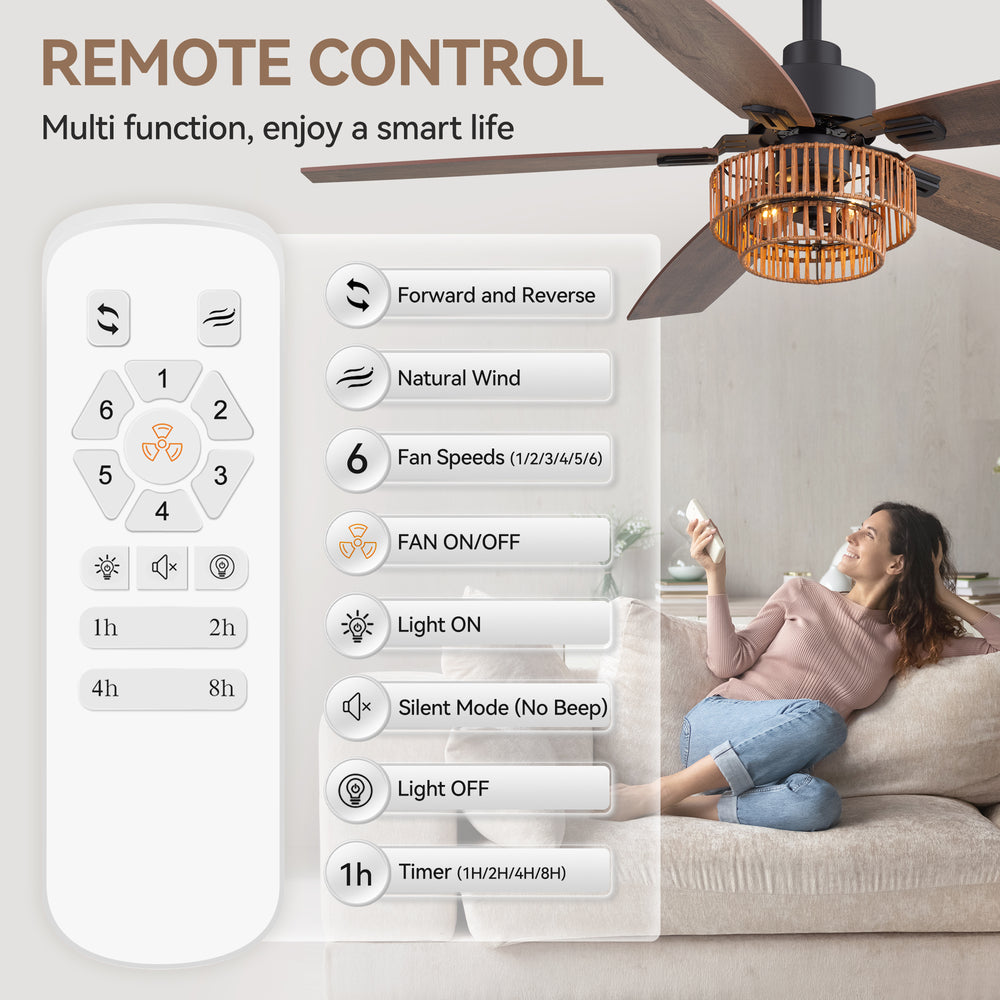 52-inch Farmhouse Ceiling Fan with Light, 5 Dual-Finish Reversible Plywood Blades, Quiet Energy-Saving DC Motor, E12 Bulb Base, 6-Speed Remote Control with Timer, Forward/Reverse Rotation, and 6" Downrod Included