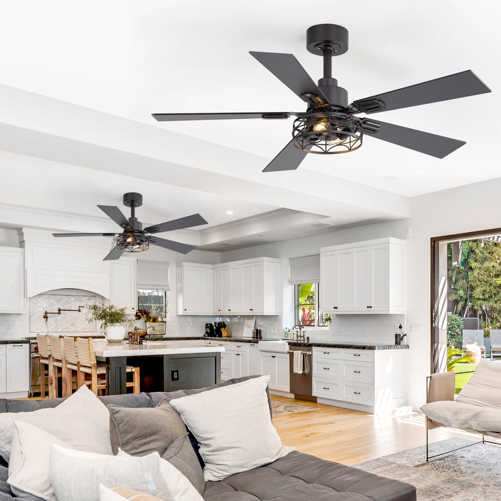 42-inch Ceiling Fan with Distressed White or Matte Black Finish, 5 Reversible Blades, Quiet DC Motor, Remote Control,6" Downrod