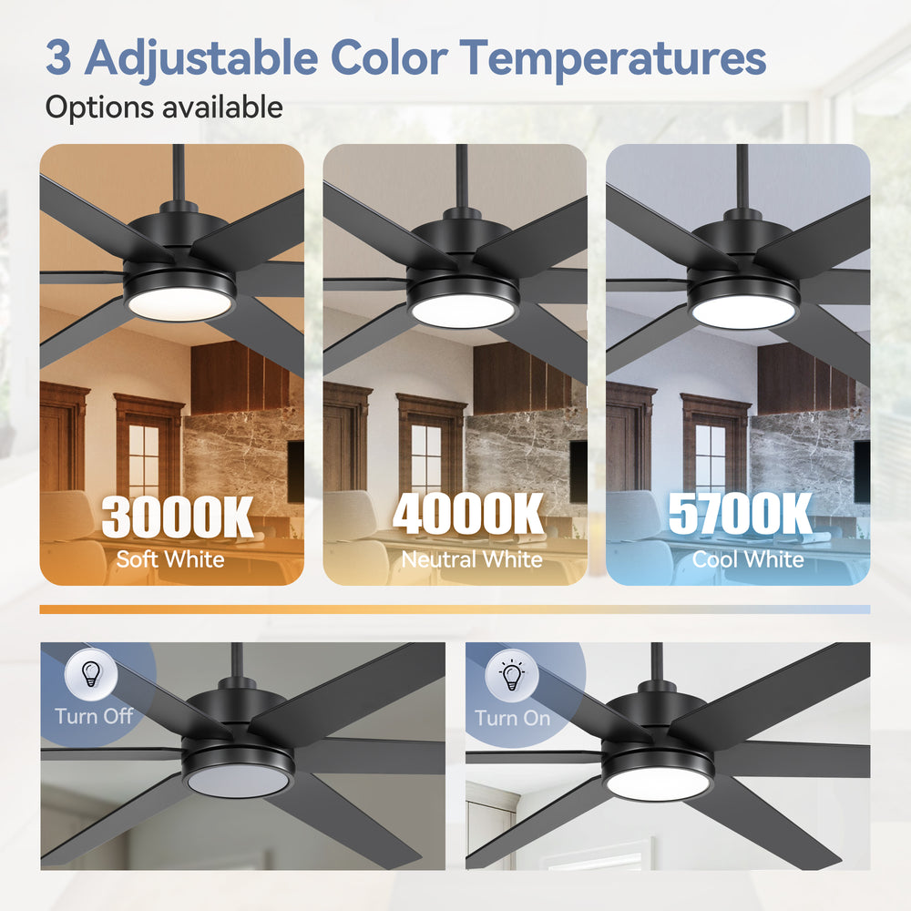 72-in 6-Blade  Integrated LED Ceiling Fan with Light Remote,7" and 12" Downrod Included