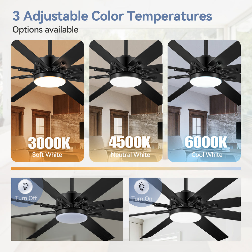 68-inch 8-Blade Integrated LED Ceiling Fan with Light Remote, 6“and 12” Downrods Included