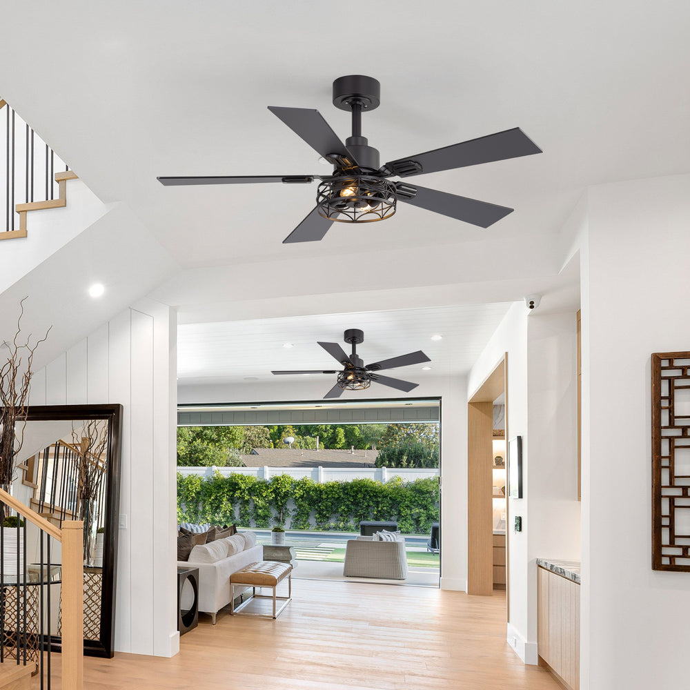 42-inch Ceiling Fan with Distressed White or Matte Black Finish, 5 Reversible Blades, Quiet DC Motor, Remote Control,6" Downrod