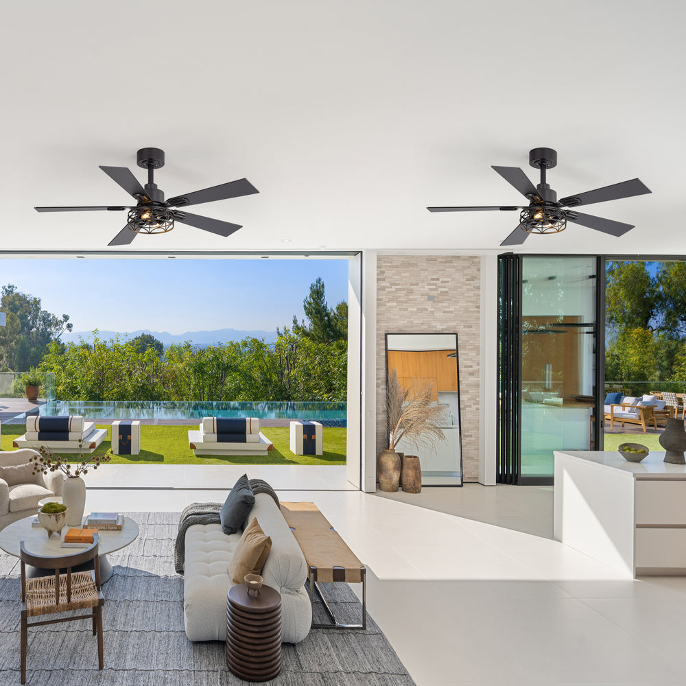42-inch Ceiling Fan with Distressed White or Matte Black Finish, 5 Reversible Blades, Quiet DC Motor, Remote Control,6" Downrod