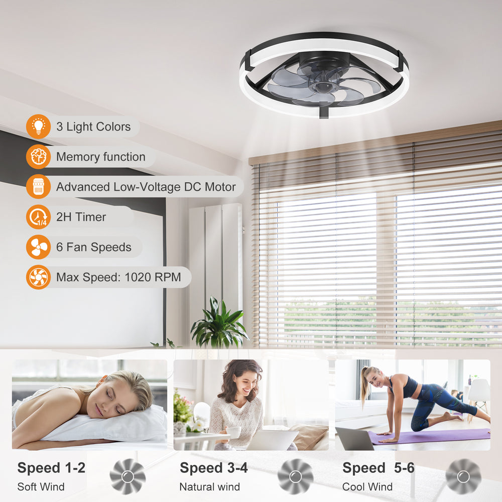 20 Inch Modern Flush Mount Ceiling Fan with Lights, Remote Control Low Profile Ceiling Fan for Bedroom, Quiet Reversible DC Motor, Dimmable LED