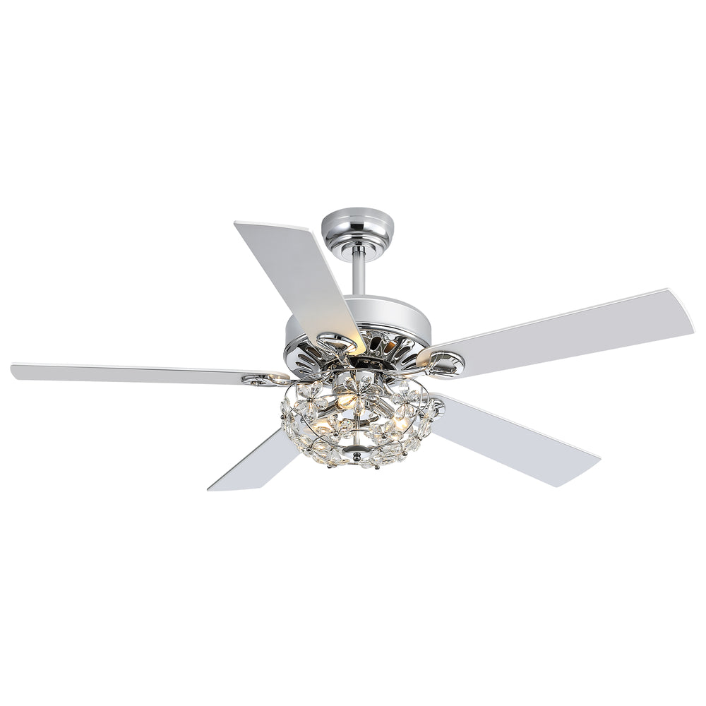 52-Inch Chrome Ceiling Fan with Light, Reversible DC Motor, 6 Speeds Remote Control, 5 Blades, E12 Bulb Base, Downrod Mount