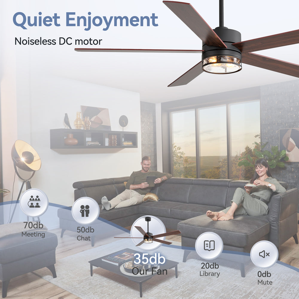 Farmhouse 65-inch Ceiling Fan with Light and Remote, Matte Black Finish, 5 Reversible Blades(Dark Wood Grain & Light Wood Grain), 6-Speed Quiet DC Motor, Dual Downrods (7" & 15"), Glass Lampshade, 2 × E26 Base LED Bulbs Required