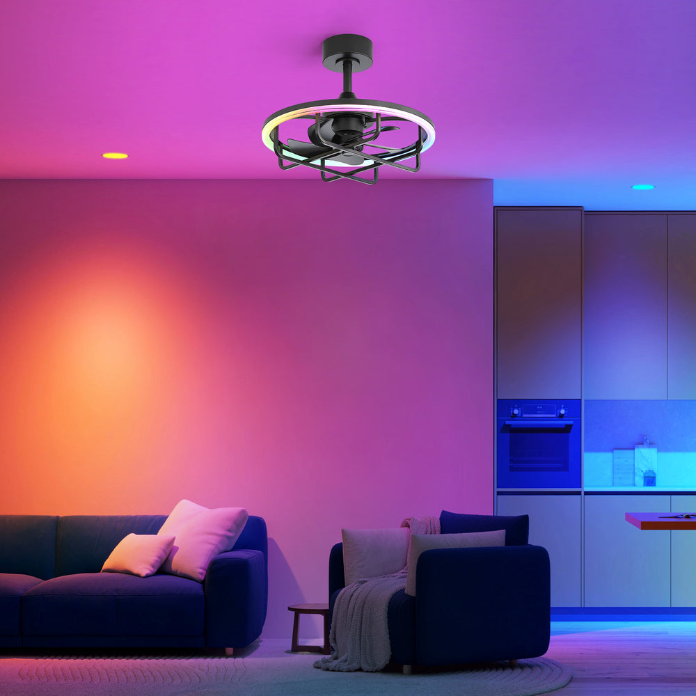 20-Inch Ceiling Fan with Light, Low Profile Flush Mount or Downrod, DC Motor, 6 Speeds, RGB & 3CCT Dimmable LED, Remote Control, Matte Black