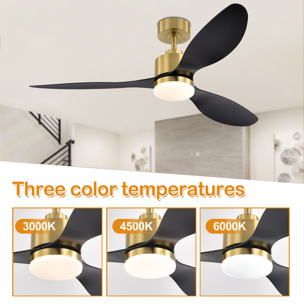 52-Inch Modern Ceiling Fan with Light, 3 ABS Blades, 18W LED with 3 Color Temperatures, Remote Control with 6 Speeds, Reverse Function, Timer, Quiet DC Motor, Includes 5" & 10" Downrods, Ideal for Dining, Bedroom, and Living Room