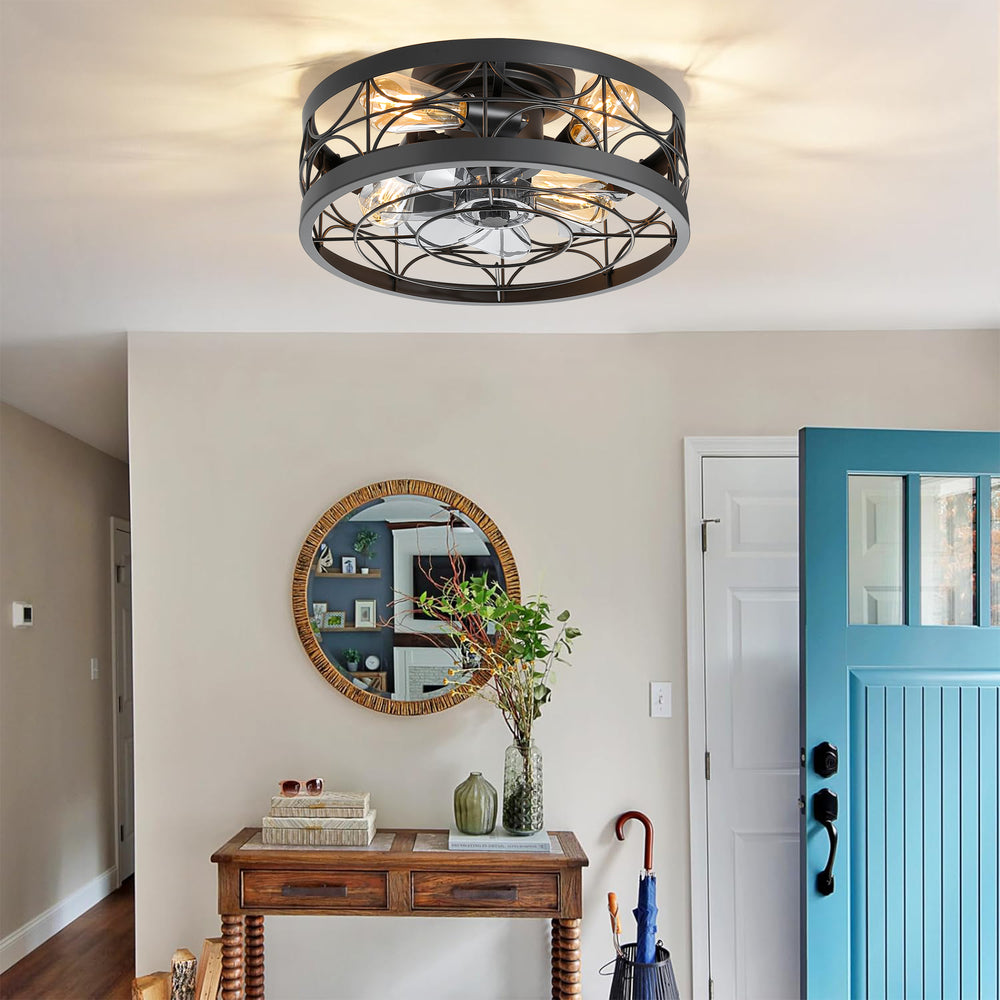 Ravora low profile black caged ceiling fan installed in a compact indoor room