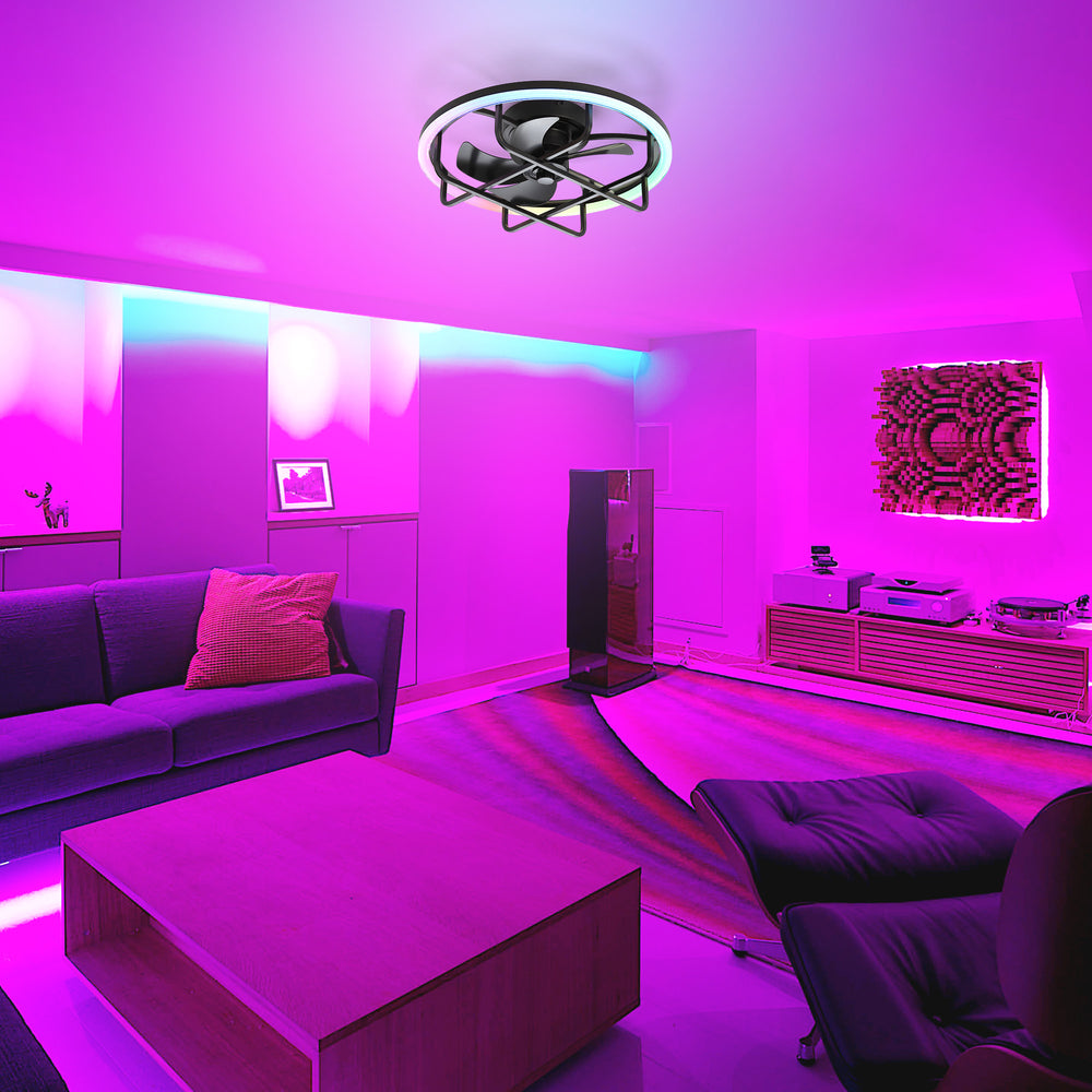 20-Inch Ceiling Fan with Light, Low Profile Flush Mount or Downrod, DC Motor, 6 Speeds, RGB & 3CCT Dimmable LED, Remote Control, Matte Black