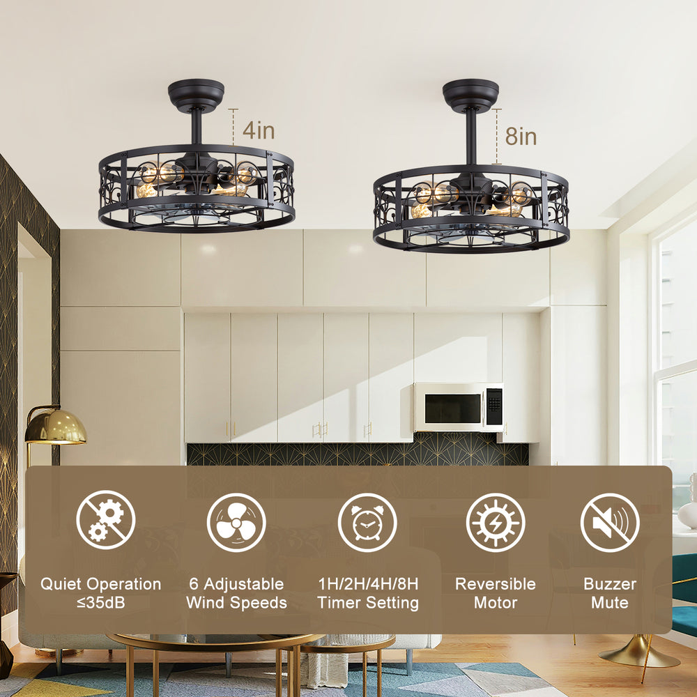 20-inch Matte Black Metal Caged Ceiling Fan with Light and Remote,7 ABS Blades,4in and 8in Downrod Included
