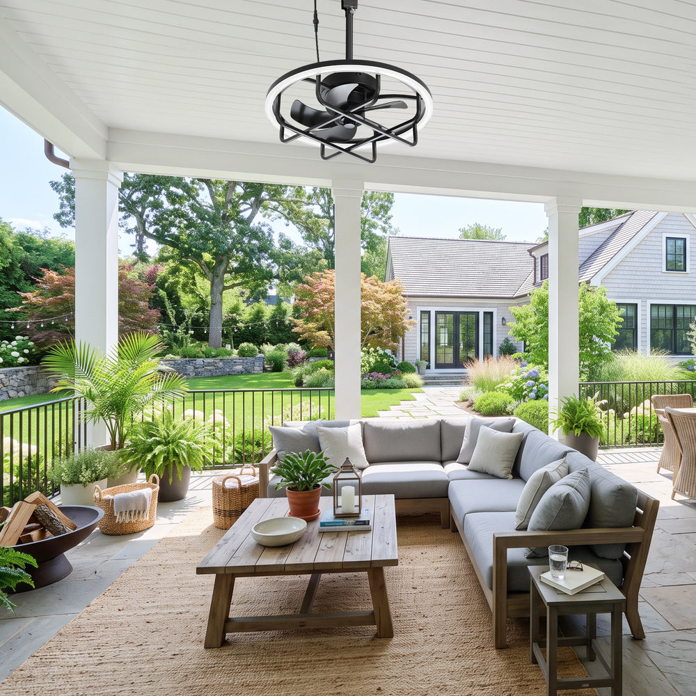 20" Outdoor Ceiling Fan with RGB LED Light, Modern Black Caged Design, Quiet Reversible DC Motor, 6 Speeds, Dimmable, Remote, Timer, Memory
