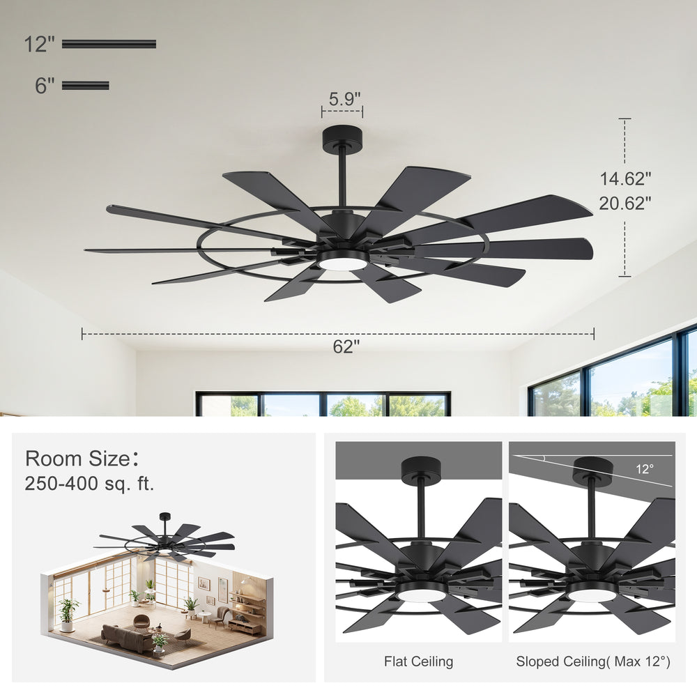 62 Inch Ceiling Fan with Light and Remote, Quiet DC Motor, 6 Speed Reversible Ceiling Fan, 3 Color Temperature LED, Dual Finish Blades, Modern Large Room Fan