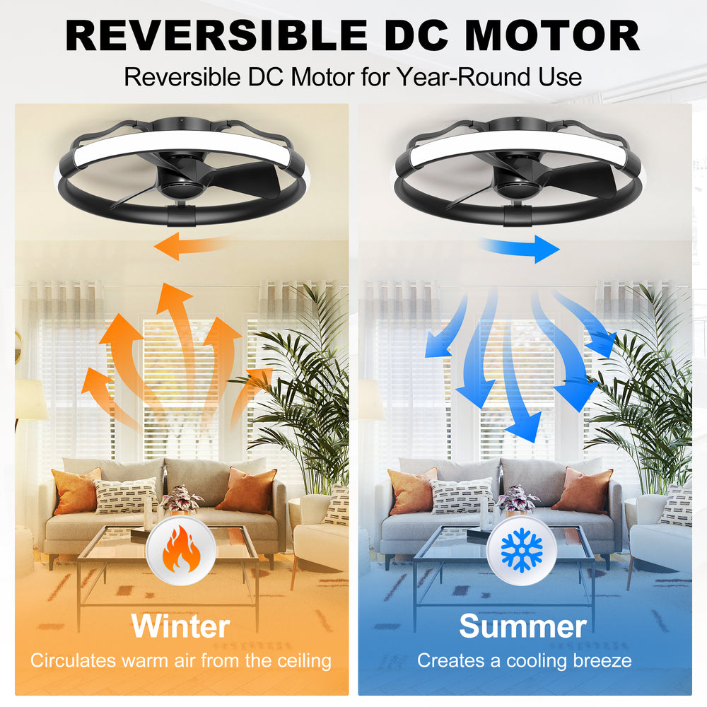 24 Inch Flush Mount RGB Ceiling Fan with Light, Dimmable 3CCT LED Light, 6-Speed Reversible DC Motor, Remote Control, Low Profile Enclosed Fan