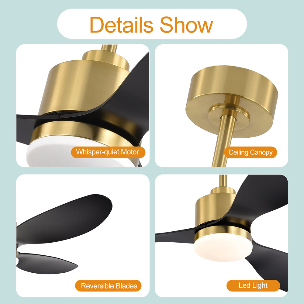 52-Inch Modern Ceiling Fan with Light, 3 ABS Blades, 18W LED with 3 Color Temperatures, Remote Control with 6 Speeds, Reverse Function, Timer, Quiet DC Motor, Includes 5" & 10" Downrods, Ideal for Dining, Bedroom, and Living Room