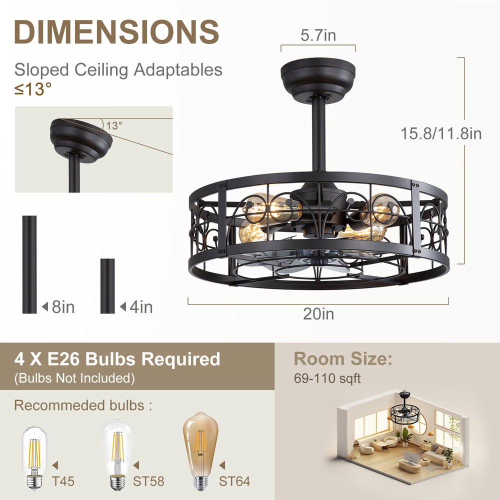 20-inch Matte Black Metal Caged Ceiling Fan with Light and Remote,7 ABS Blades,4in and 8in Downrod Included