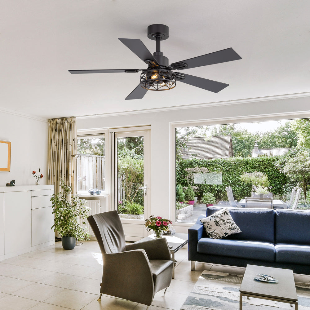 42-inch Ceiling Fan with Distressed White or Matte Black Finish, 5 Reversible Blades, Quiet DC Motor, Remote Control,6" Downrod