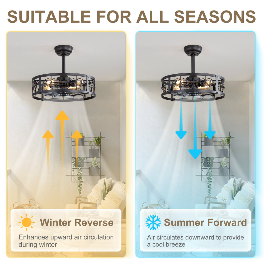 20-inch Matte Black Metal Caged Ceiling Fan with Light and Remote,7 ABS Blades,4in and 8in Downrod Included
