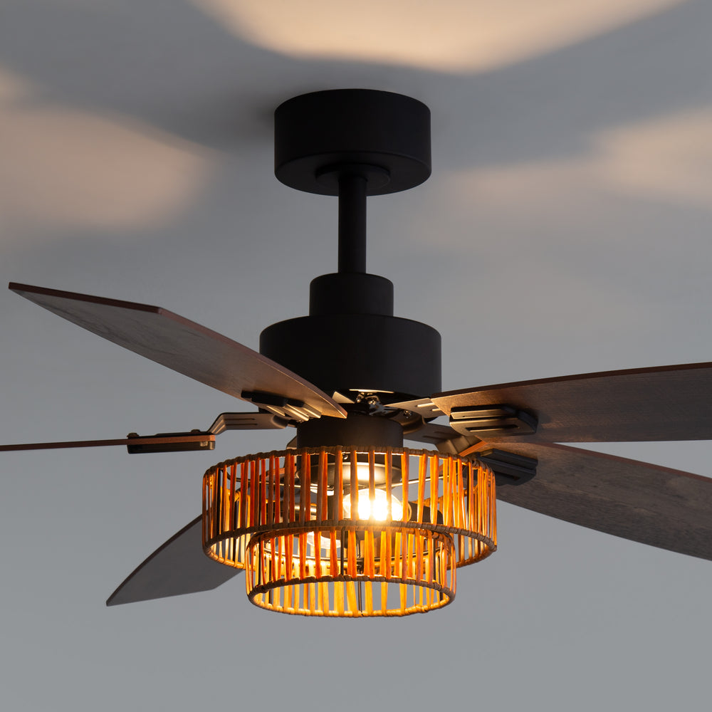 52-inch Farmhouse Ceiling Fan with Light, 5 Dual-Finish Reversible Plywood Blades, Quiet Energy-Saving DC Motor, E12 Bulb Base, 6-Speed Remote Control with Timer, Forward/Reverse Rotation, and 6" Downrod Included