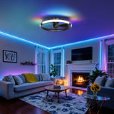 24 Inch Flush Mount RGB Ceiling Fan with Light, Dimmable 3CCT LED Light, 6-Speed Reversible DC Motor, Remote Control, Low Profile Enclosed Fan