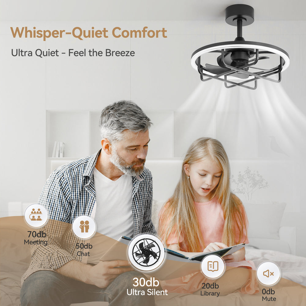 20-Inch Ceiling Fan with Light, Low Profile Flush Mount or Downrod, DC Motor, 6 Speeds, RGB & 3CCT Dimmable LED, Remote Control, Matte Black