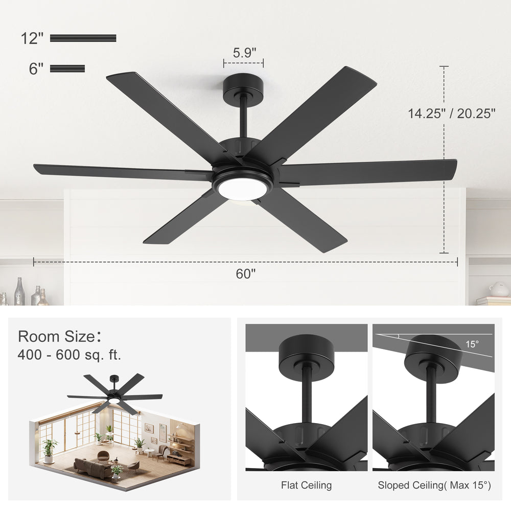 Modern 60" Ceiling Fan with LED Light, Remote Control, Quiet DC Motor, 6-Speed Reversible Fan, Dimmable Lighting, Timer for Bedroom