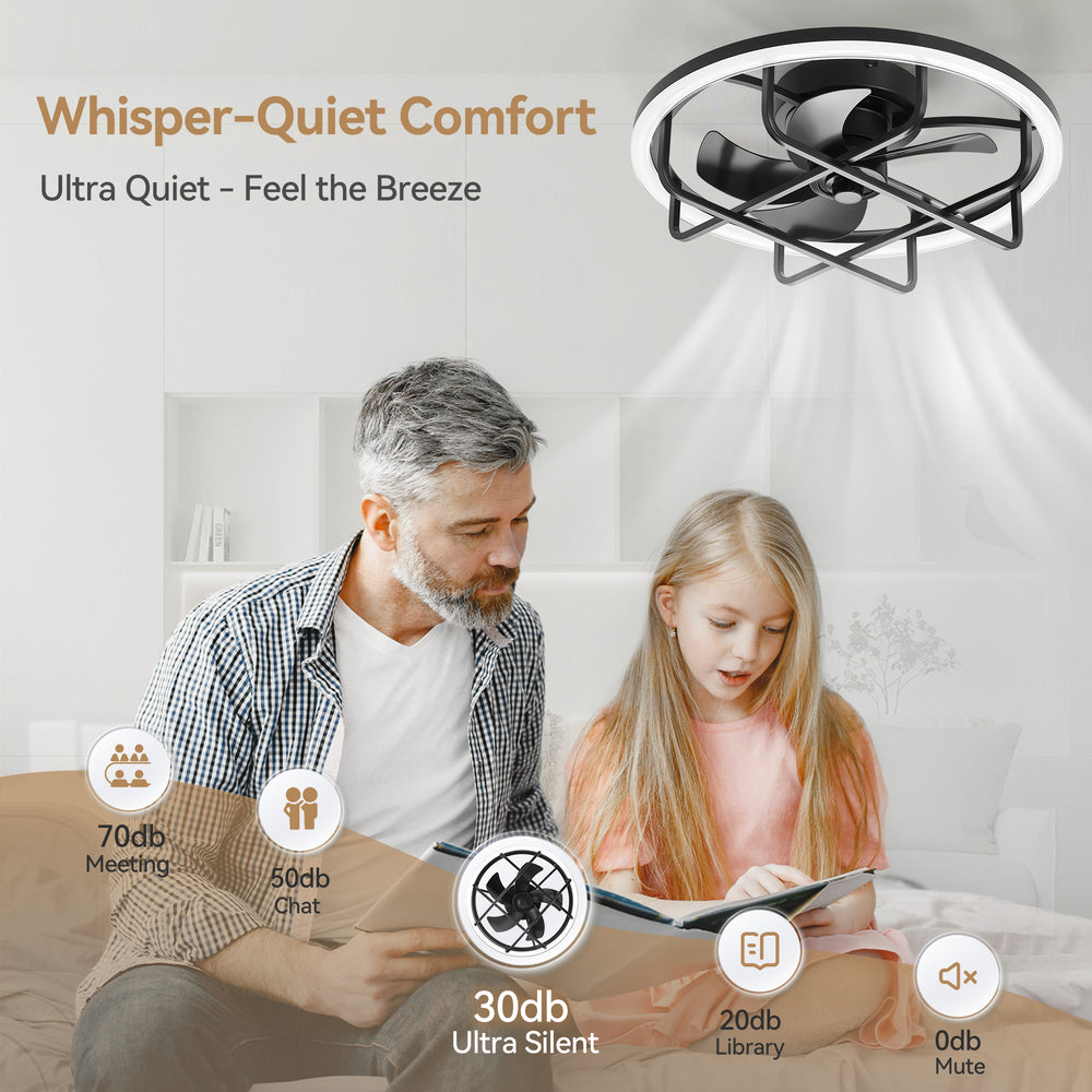 20-Inch Ceiling Fan with Light, Low Profile Flush Mount or Downrod, DC Motor, 6 Speeds, RGB & 3CCT Dimmable LED, Remote Control, Matte Black