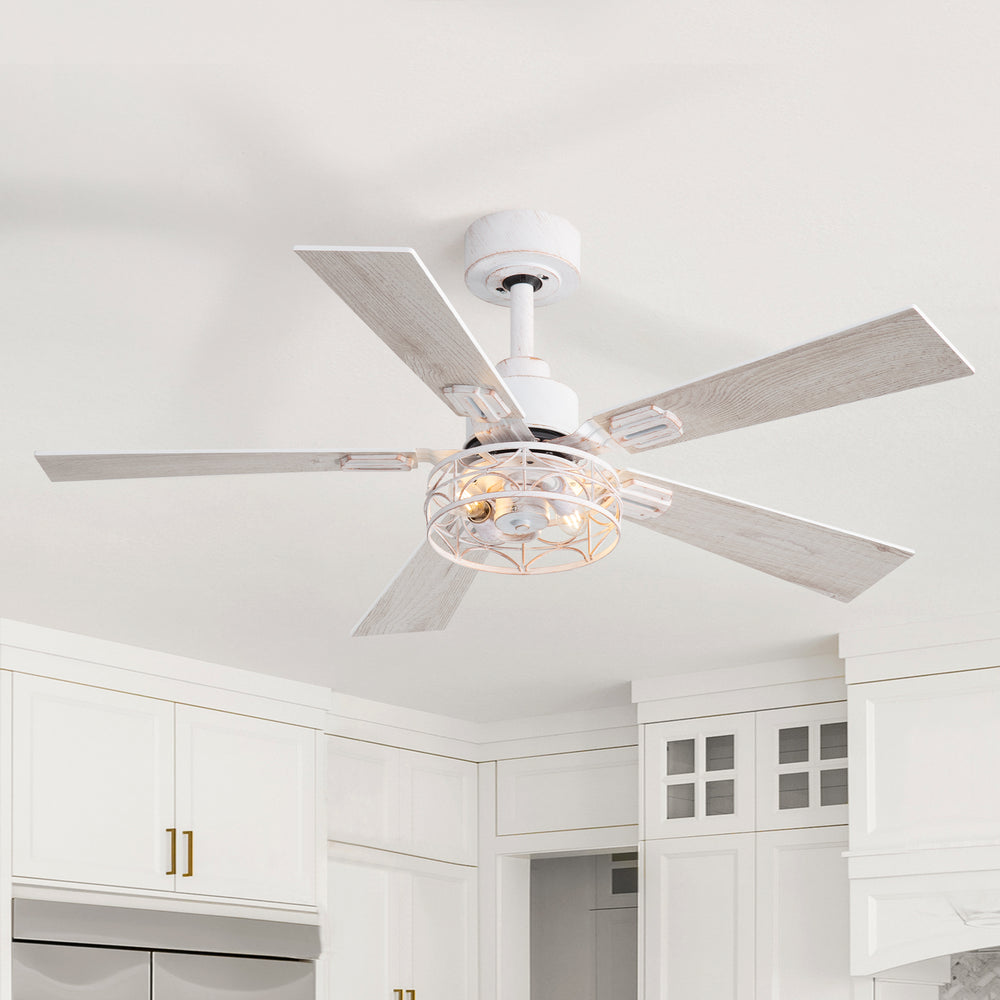 42-inch Ceiling Fan with Distressed White or Matte Black Finish, 5 Reversible Blades, Quiet DC Motor, Remote Control,6" Downrod